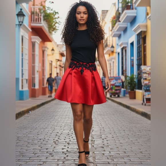 HAVANA COUTURE RED SATIN BLACK LACE FULL CIRCLE PARTY HOLIDAY SKIRT SIZE S-M - Picture 1 of 7